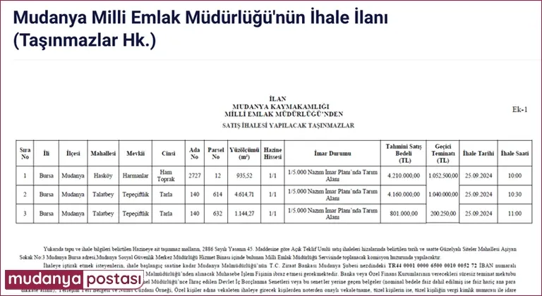 Mudanya Milli Emlak'tan İhale İlanı